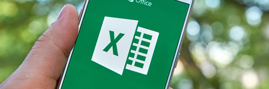 A person holding a mobile phone with the screen showing the logo for Microsoft Excel