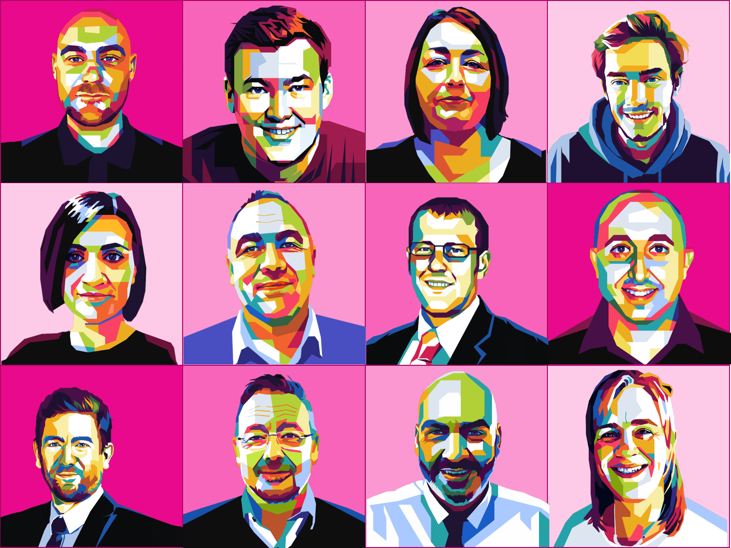 Various pop art styled faces of people that work at cloudcoco against a pink background