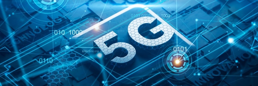 A blue graphic image of a 5G symbol with data blocks surrounding it